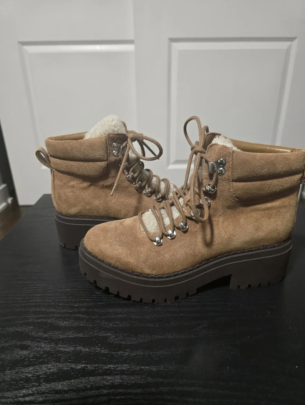 MARC FISHER Tan Suede Shearling-Lined Hiker Boots